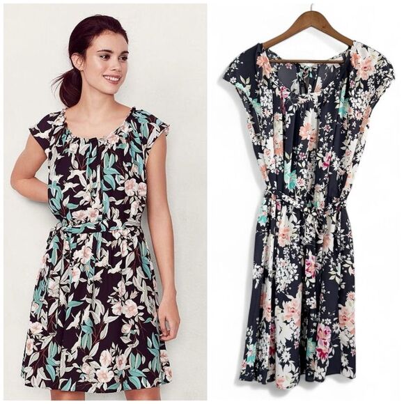 LC Lauren Conrad Floral Cap Sleeve Pleat Neck Tie Waist Dress Size XXL - Picture 1 of 8